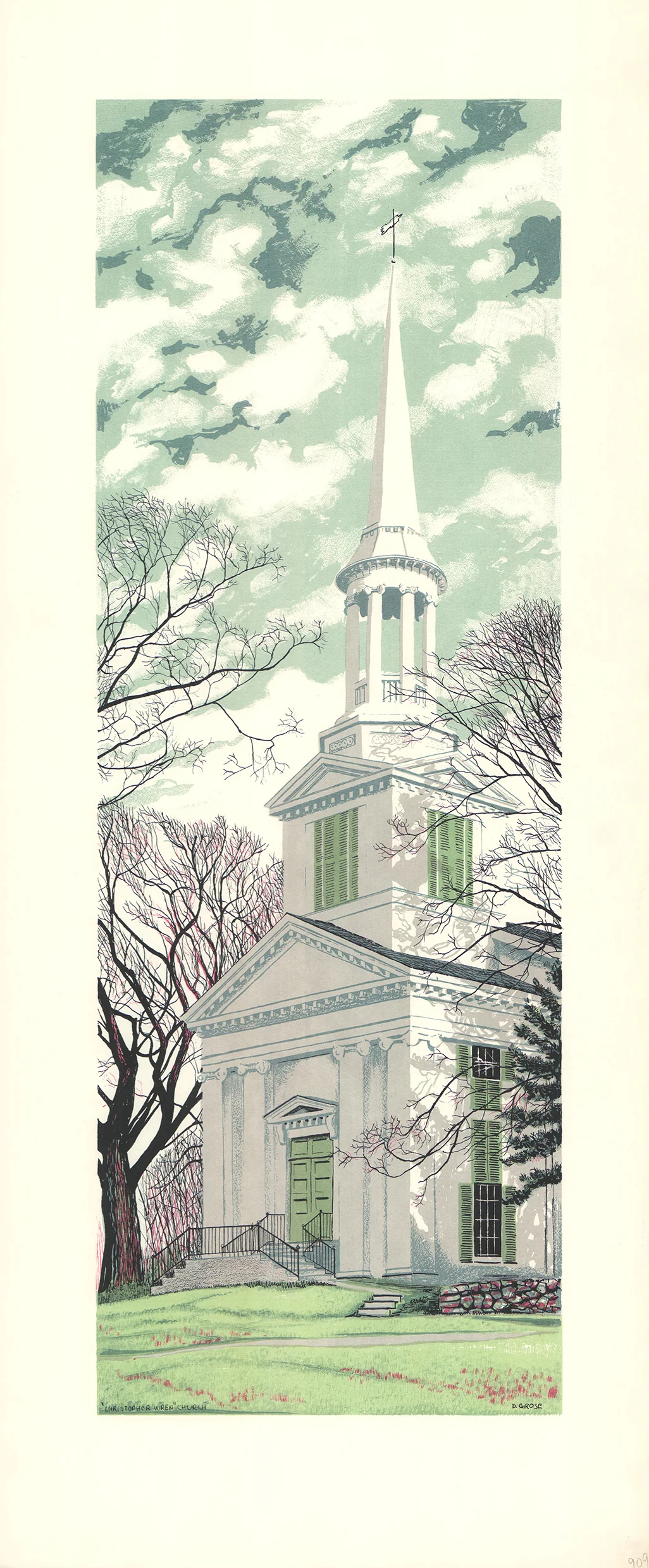 Christopher Wren Church by David Grose - 15 X 35 Inches (Offset Lithograph Hand Colored)
