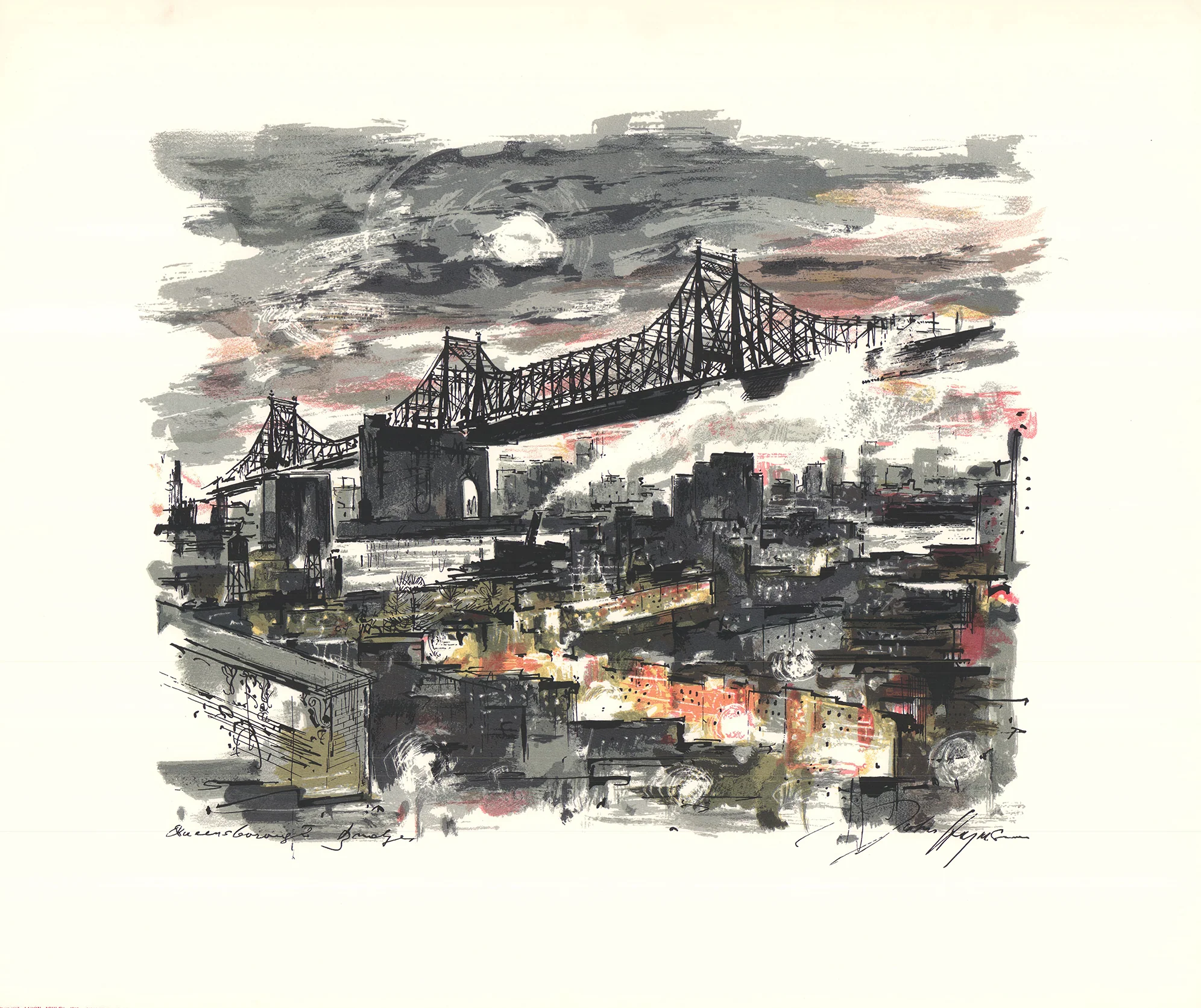Queensboro Bridge, New York by John Haymson - 24 X 29 Inches (Hand Colored Watercolor)