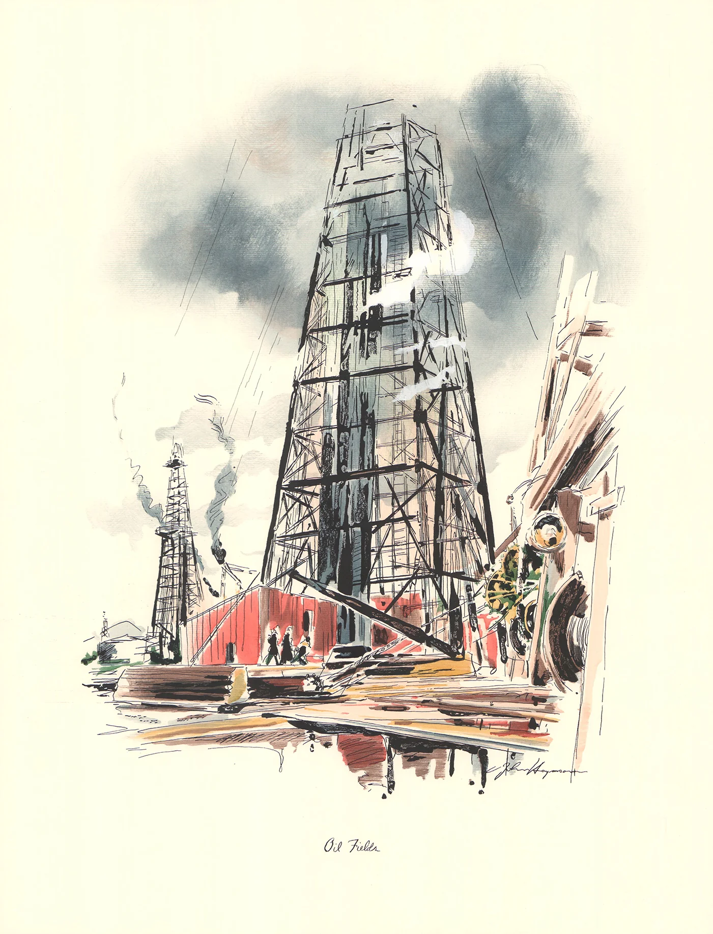 Texas, Oil Fields by John Haymson - 20 X 26 Inches (Hand Colored Watercolor)