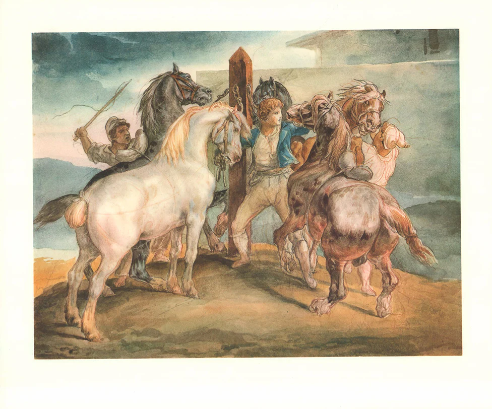 The Horse Market: Five Horses at the Stake 1817 by Théodore Géricault - 12 X 14 Inches (Offset Lithograph Fine Art Print)