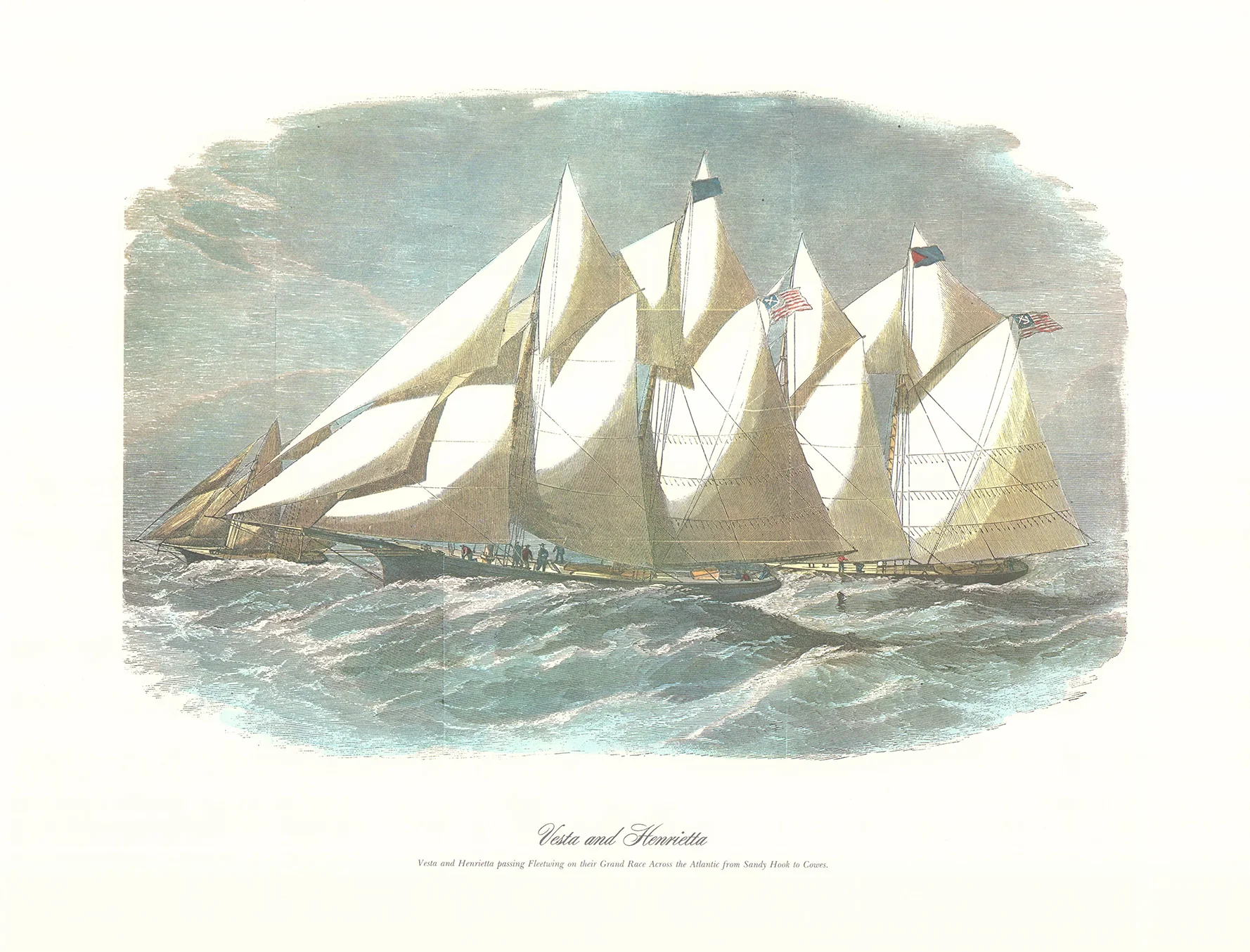 Vesta and Henrietta Passing Fleetwing on their Grand Race Across Atlantic, 1866 by Currier & Ives - 20 X 26 Inches (Offset Lithograph Hand Colored)